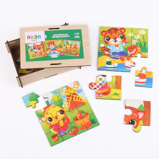 Пазлы 3 в 1 Весёлые зверюшки - Лесная мастерская фото 2