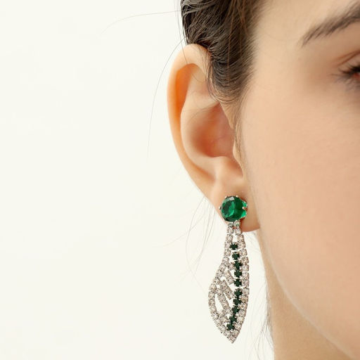 Набор 2 предмета: серьги, колье Феникс изгиб, цвет бело-изумрудный в серебре, 35 см