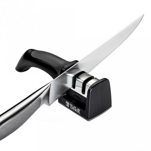 Точилка для ножей "Дженнис" 19,1х5,1х6,4см, 2-х ступенчатая заточка, модуль заточки Coarse из стали, модуль шлифовки Fine из керамики, угол заточки: 20гр, пластмассовый корпус, силиконовый протектор, в блистере, "TalleR"