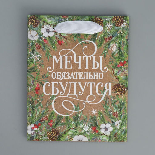 Пакет подарочный новогодний крафтовый «Пусть мечты сбудутся», S 12 х 15 х 5.5 см