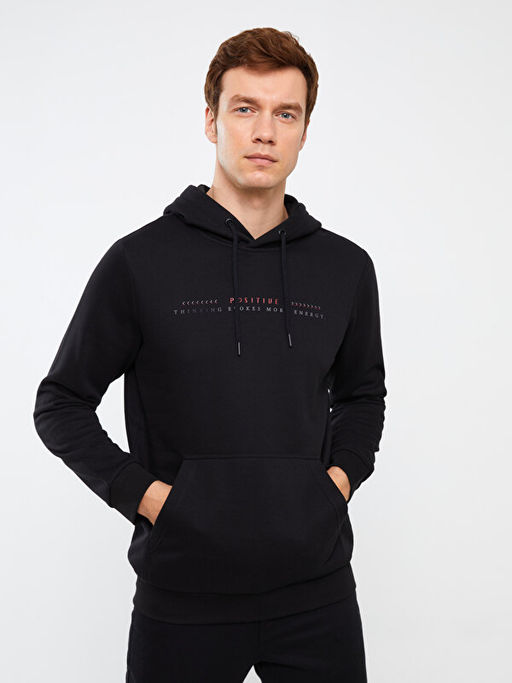 Uzun Kollu Bask?l? Erkek Kal?n Hoodie
