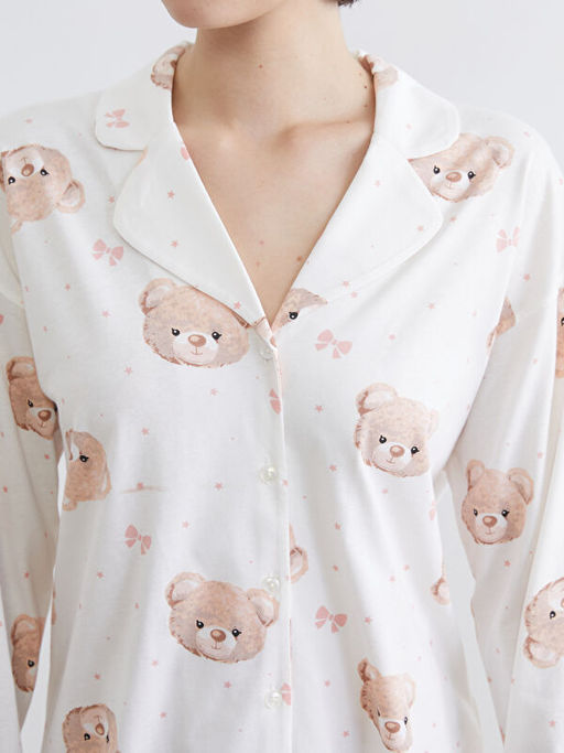 G?mlek Yaka Ay? Bask?l? Kad?n Pijama ?st?