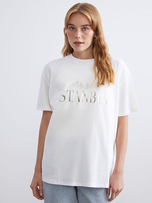 Bisiklet Yaka ?stanbul Bask?l? Kad?n Ti??rt