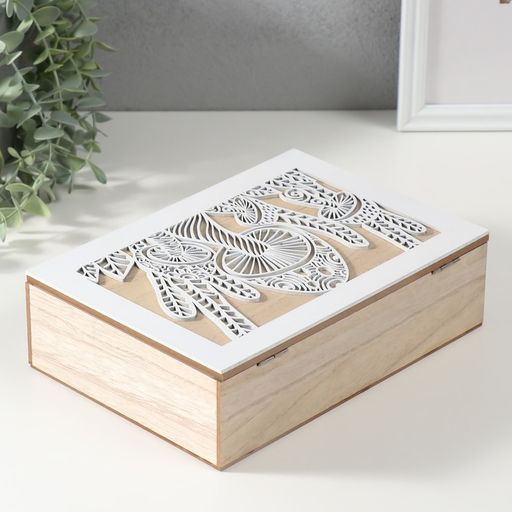Шкатулка для чая 6 делений «Грибы», дерево, бежево-белая, 17×24×7 см