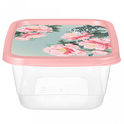 Контейнер для продуктов пластмассовый 1,5л, 19,7х15,1х8см, прямоугольный, с декором "Сад пионов", розовый (Россия)