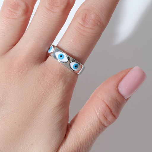 Кольцо Оберег глаз, ряд, цвет бело-голубой в серебре, безразмерное