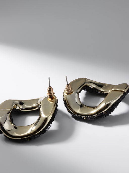 Серьги со стразами QF Блеск бублик, чёрные в золоте