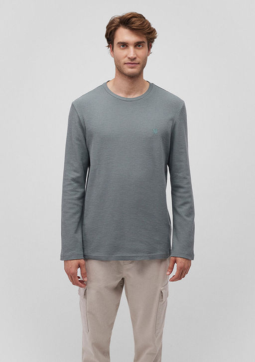 Uzun Kollu Yesil Basic Tisort - Mavi фото 3