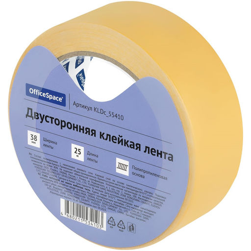 Клейкая лента двухсторонняя 38мм*25м "OfficeSpace" (KLDc_55410) основа - полипропилен, прозрачная, плотность 90мкм