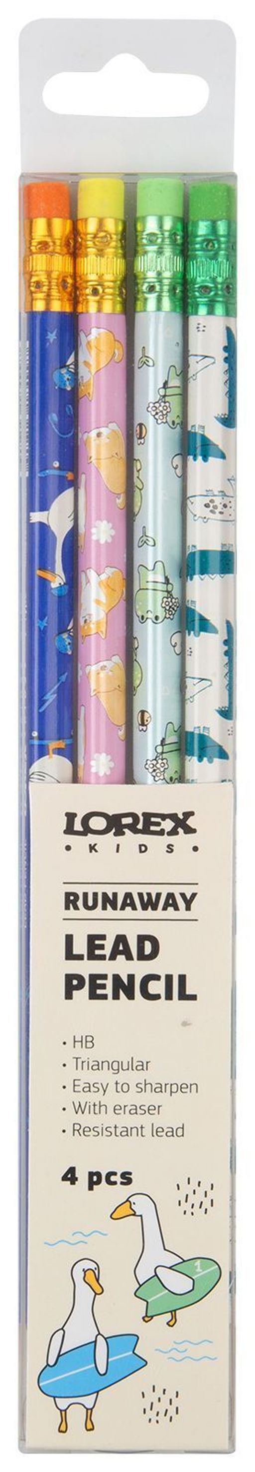 Набор чернографитных карандашей деревянные LOREX KIDS V-TYPE RUNAWAY 4 шт НВ с ластиком, з...