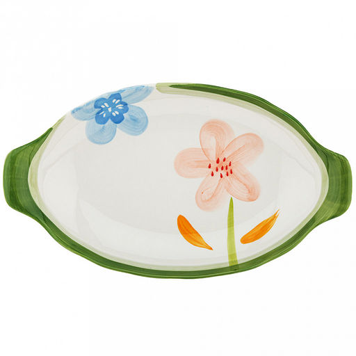 Лето Блюдо овальное фарфоровое 326х184х40мм, с ручками, с деколью, волнистый край (Китай)