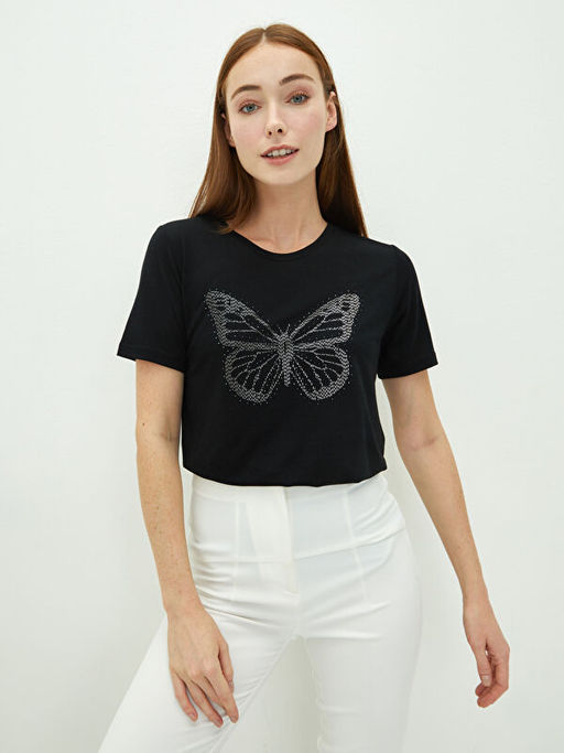 Bisiklet Yaka Ta? Bask?l? K?sa Kollu Kad?n Ti??rt - Waikiki фото 2