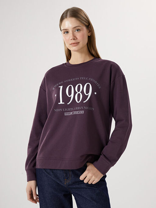 Bisiklet Yaka Bask?l? Kad?n Sweatshirt