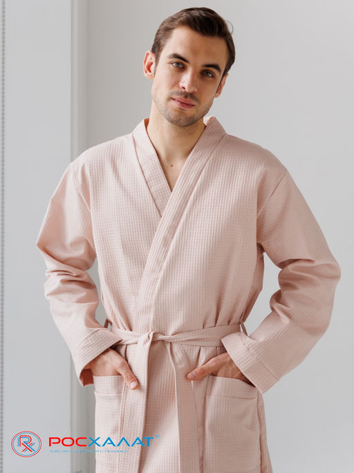Мужской вафельный халат с планкой бежевый В-03 (31)