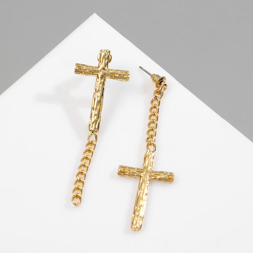 Серьги металл Крест и цепочка плетение, цвет золото