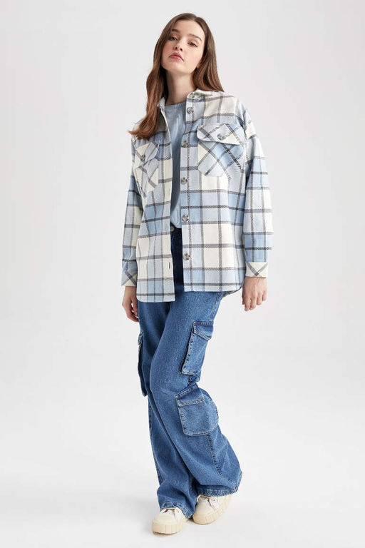 Фланелевая рубашка-туника с длинным рукавом оверсайз - Defacto фото 2