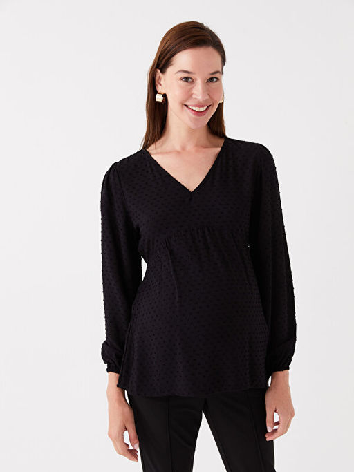 V Yaka Kendinden Desenli Uzun Kollu Vual Hamile Bluz