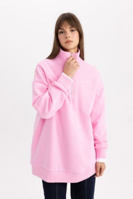 Regular Fit Polo Yaka Bask?l? Ici Yumusak Tuylu Sweatshirt Tunik