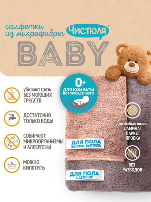 ЧИСТЮЛЯ БЭБИ салфетки из микрофибры д/пола в Детской (2шт)