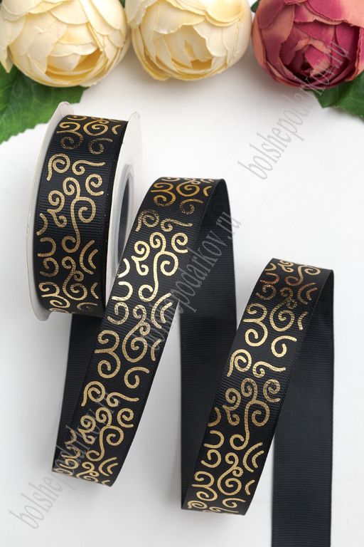 Лента репсовая 2,5 см*20 ярд "Узор" SF-5852, черный/золото №39