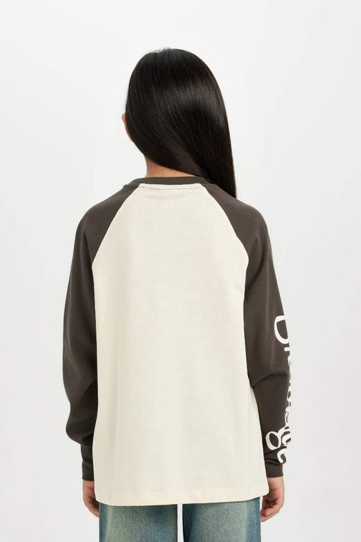 Широкая футболка оверсайз с круглым вырезом и принтом для девочек с длинными рукавами - Defacto фото 6