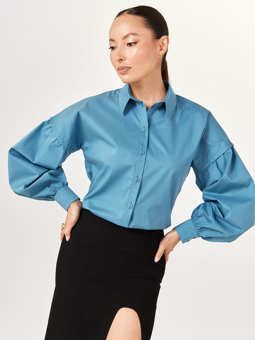 Рубашка блузка с пышным рукавом 100% хлопок голубой - Tantino фото 4