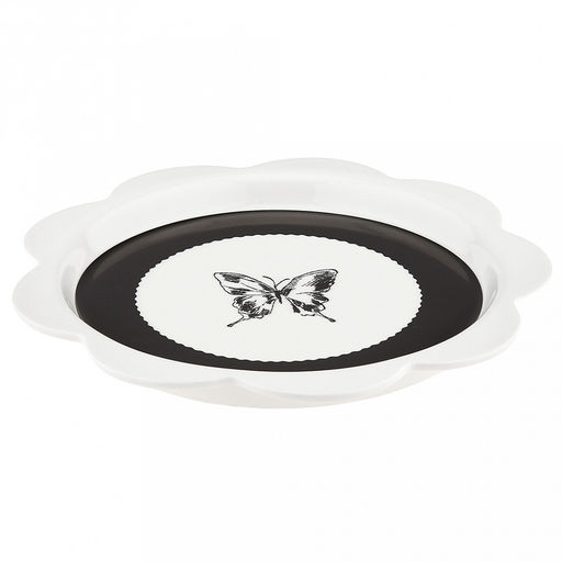 "Махаон" Тарелка мелкая фарфоровая д265мм, h27мм, волнистый край, с деколью, черный/белый, в коробке (Китай)