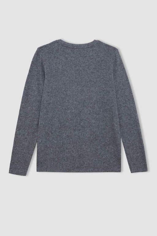 Женская повседневная базовая однотонная футболка с круглым вырезом и длинными рукавами обычного кроя - Defacto фото 3