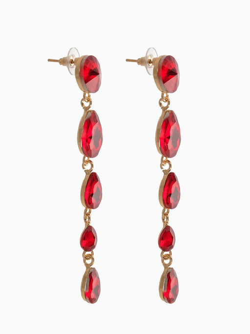 Серьги висячие со стразами Драгоценность капли, красные в золоте, 9.5 см