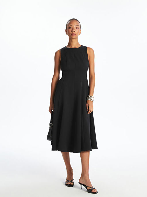 Bisiklet Yaka Pileli Krep Elbise