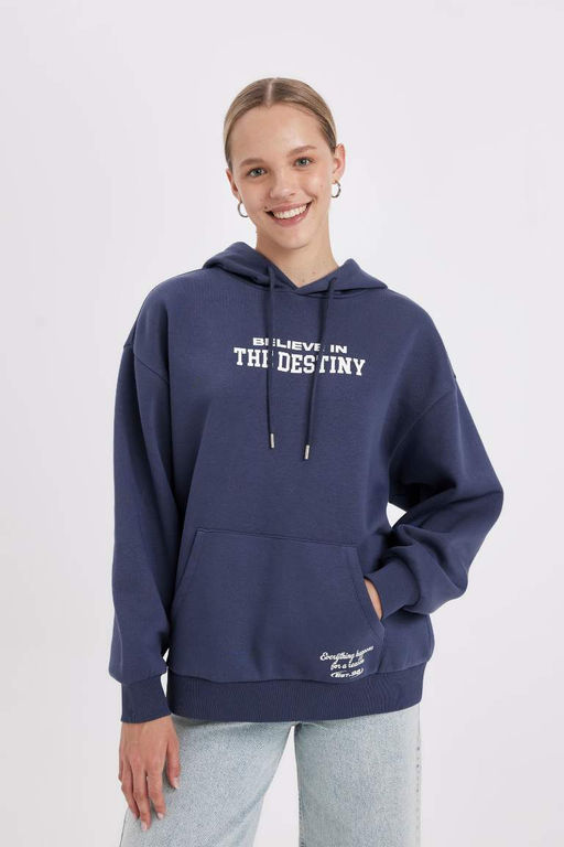 Толстовка оверсайз из плотной ткани с капюшоном и принтом - Defacto фото 3