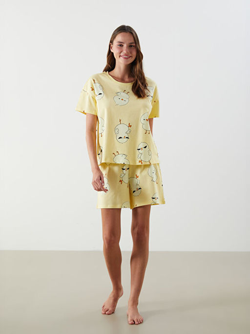 Bisiklet Yaka Bask?l? Kad?n ?ortlu Pijama Tak?m?