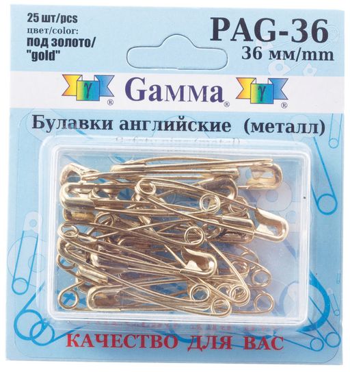 Булавки английские "Gamma" PAG-36 под золото 36мм 25шт/блистер