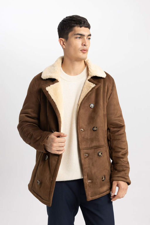 Замшевое пальто с плюшевой подкладкой и воротником-жакетом Slim Fit - Defacto фото 4