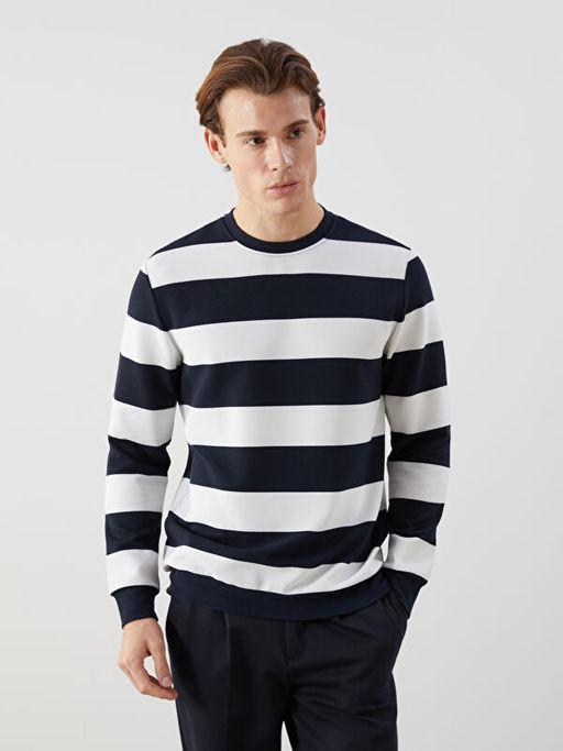 Bisiklet Yaka Uzun Kollu ?izgili Erkek Sweatshirt