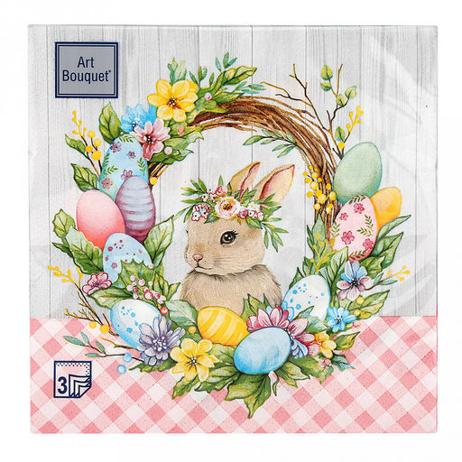 Салфетки бумажные "Art Bouquet" 33х33см, 3-х слойные, 20 штук в упаковке, 100% целлюлоза, "Пасхальный венок с кроликом" (Россия)