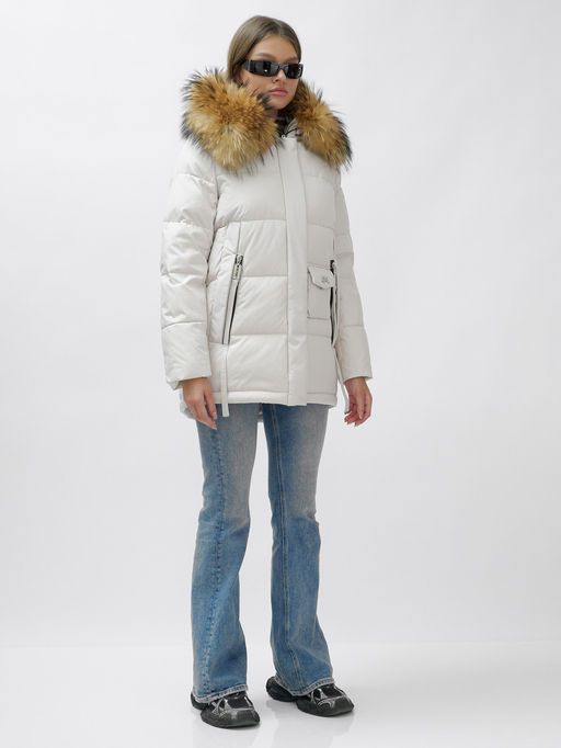 Куртка зимняя Visdeer 3215SB женская светло-бежевая с мехом енота утеплитель 220 г/м²  фото 4