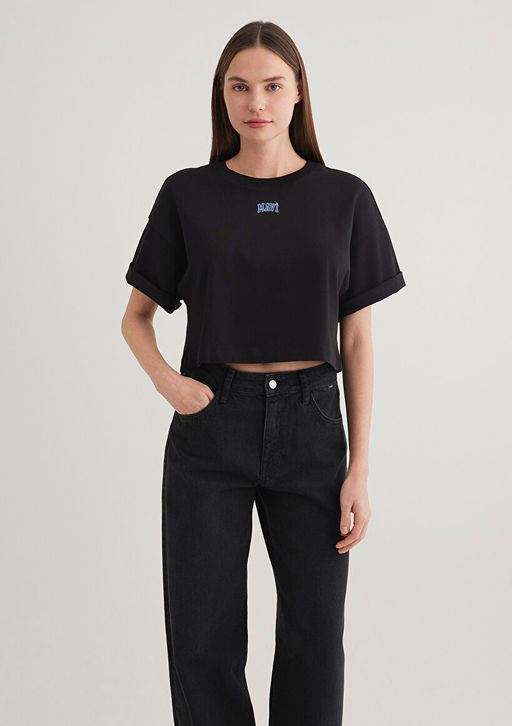 Mavi Logo Bask?l? Siyah Crop Tisort  фото 3