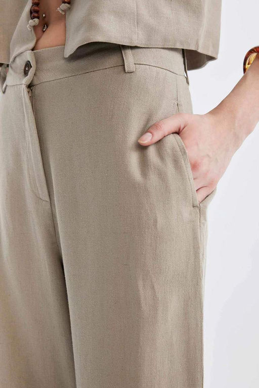 Широкие длинные брюки прямого кроя с карманами и высокой талией из смесового льна - Defacto фото 8