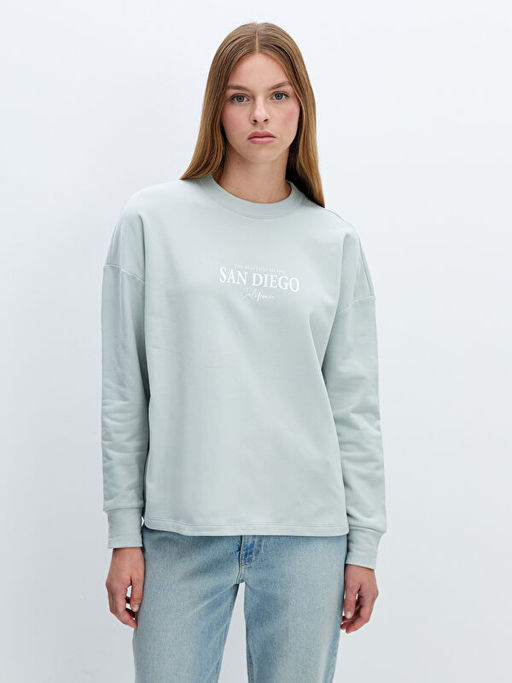 Bisiklet Yaka Bask?l? Oversize Kad?n Sweatshirt