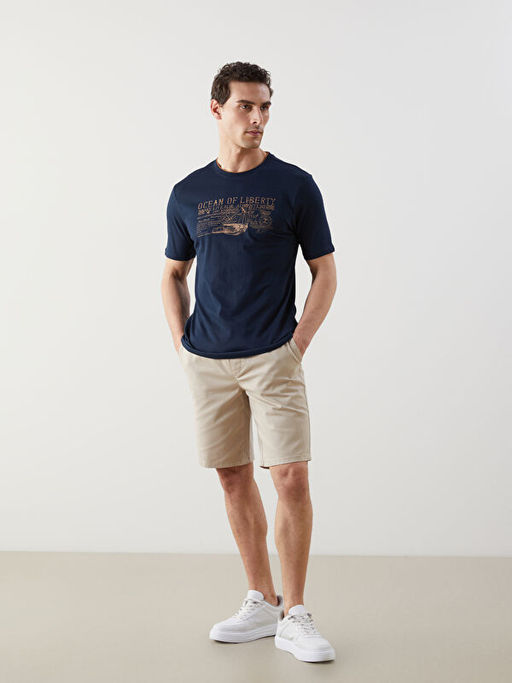 Bisiklet Yaka Bask?l? Penye Biyeli Erkek Ti??rt