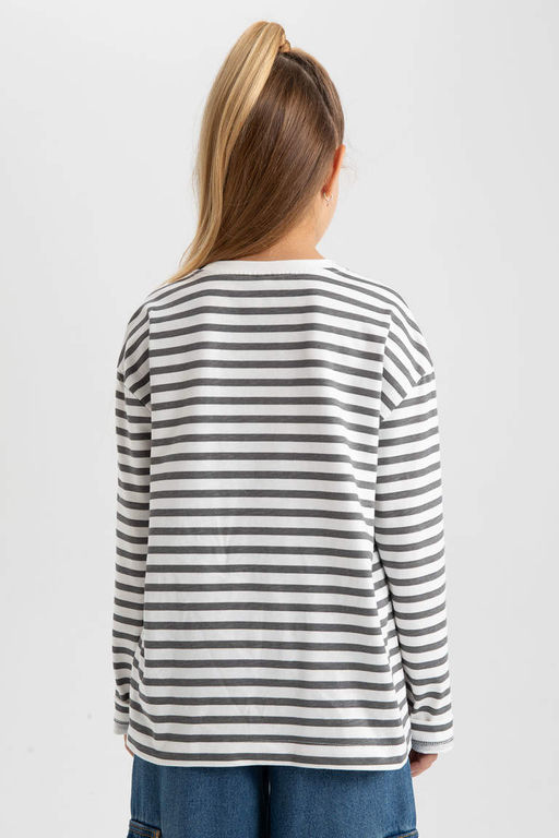 Футболка оверсайз с круглым вырезом и длинными рукавами для девочек - Defacto фото 8