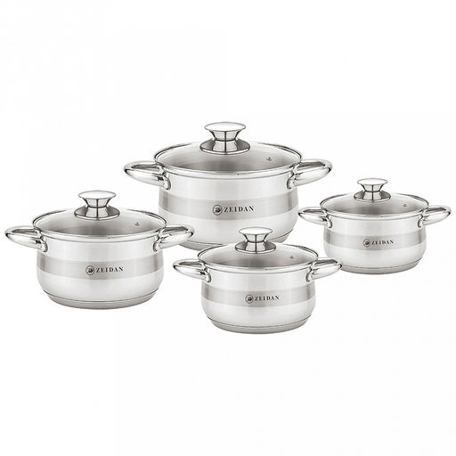 Zeidan Набор посуды из нержавеющей стали 8 предметов: кастрюли 5,7л д24см, 3,4л д20см, 2,5л д18см, 1,7л д16см, стеклянные крышки, ручки металлические, комбинированная полировка снаружи, матовая полировка внутри, 5-ти степовое капсулированное индукц