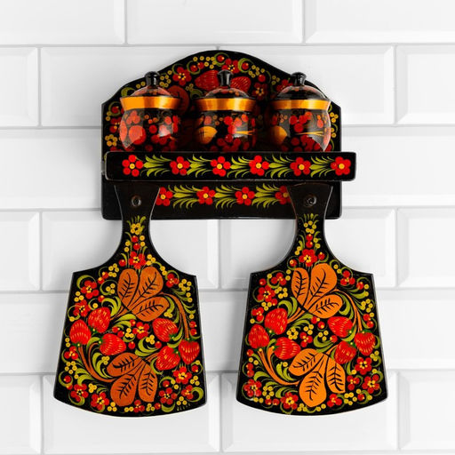 Набор кухонных принадлежностей «Земляничка», 6 предметов: 2 доски, 3 банки, подставка, дерево, хохлома