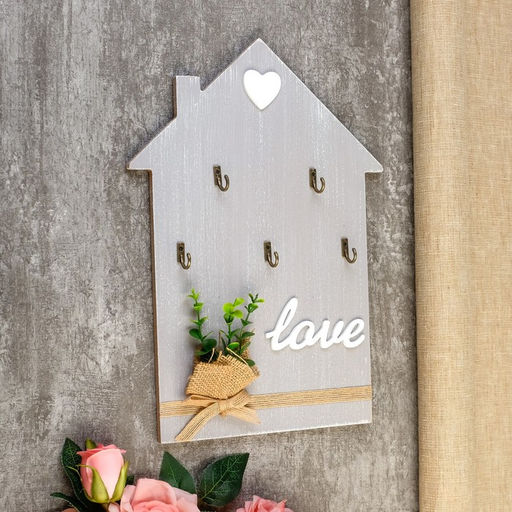 Ключница настенная Домик с букетиком, декоративные крючки, дерево, 34?2.5?24 см