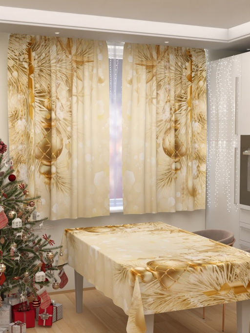 Фотошторы для кухни Новогодняя коллекция 228 Шторы (Габардин)+Скатерть (145*145)