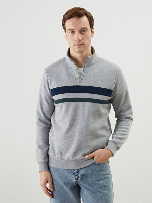 Dik Yaka Uzun Kollu ?izgili Erkek Sweatshirt