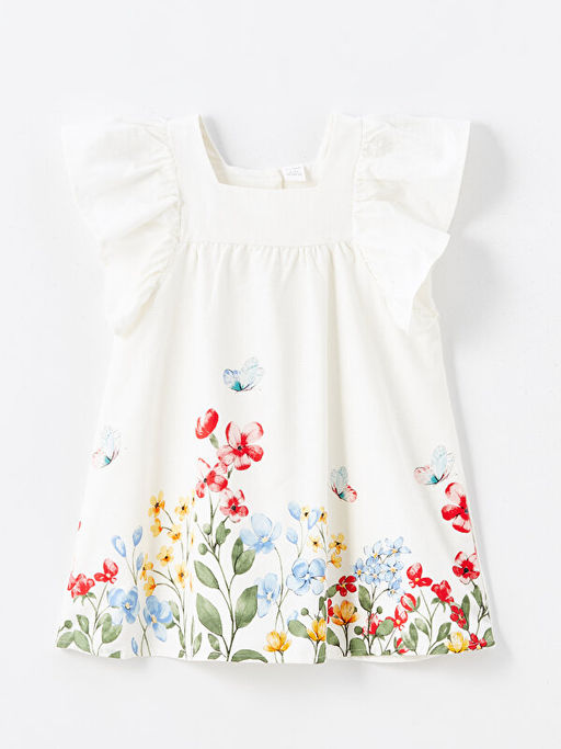 Kare Yaka K?sa Kollu ?i?ekli K?z Bebek Elbise