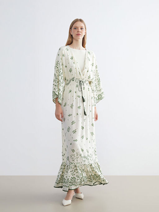 Kruvaze Yaka ?i?ekli B?zg?l? Elbise