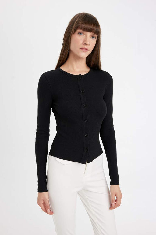 Кардиган узкого кроя с круглым вырезом в рубчик и камзолом